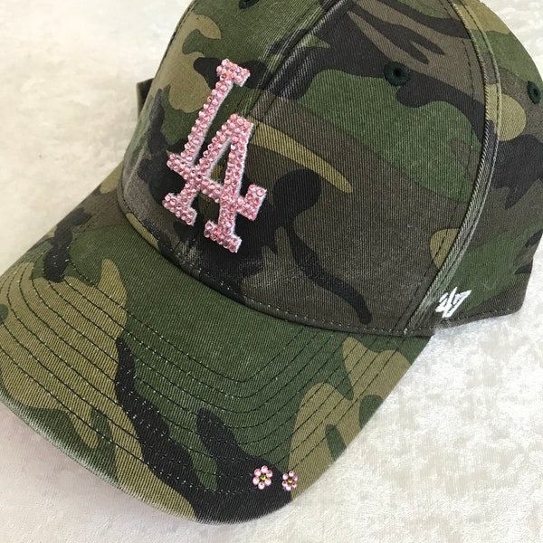 LA Dodgers Camo Bling Hat Pink Swarovski Crystal Hand Jeweled Pink Under Visor MLB Sports Cap