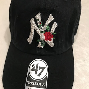 New York NY Yankees Black Rose Thorn Bling Cap Hand Jeweled 200+ Genuine Crystals for Amazing Detail front and back  RARE Cap