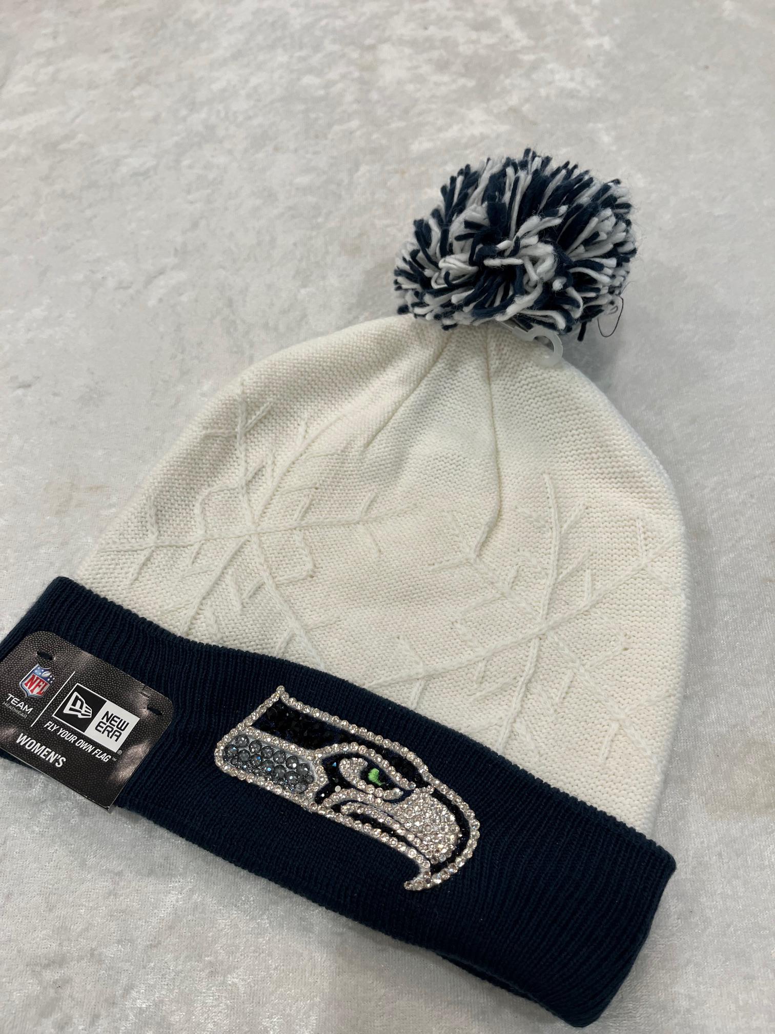 SEATTLE SEAHAWKS Ivory/black Rhinestone Bling Pom Beanie: Hand-jeweled ...
