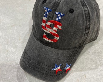 USA PATRIOTIC Hat Black Jean Hand Jeweled SWAROVSKI Crystal Letters & Stars