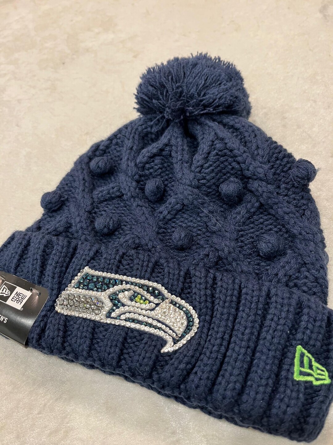 SEATTLE SEAHAWKS Pom Blue Rhinestone Bling Beanie: Hand=jeweled With ...