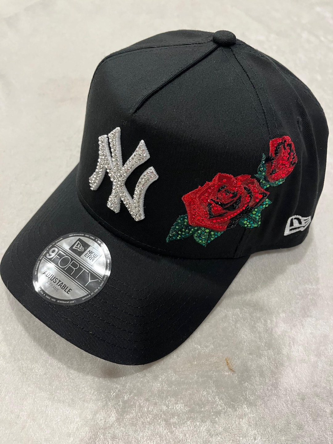 New York Yankees Black Hat: Hand-jeweled Swarovski Crystal NY