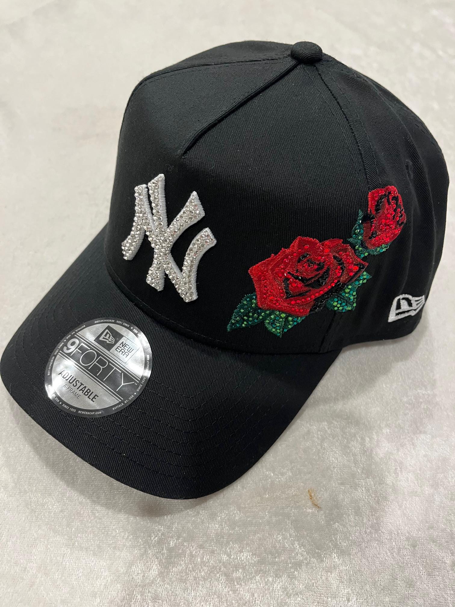New York Yankees Black Hat: Hand-jeweled Swarovski Crystal NY