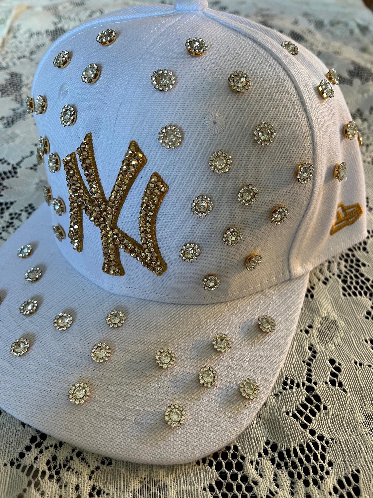 New York Bling White Hat: Hand-jeweled SWAROVSKI Crystal 