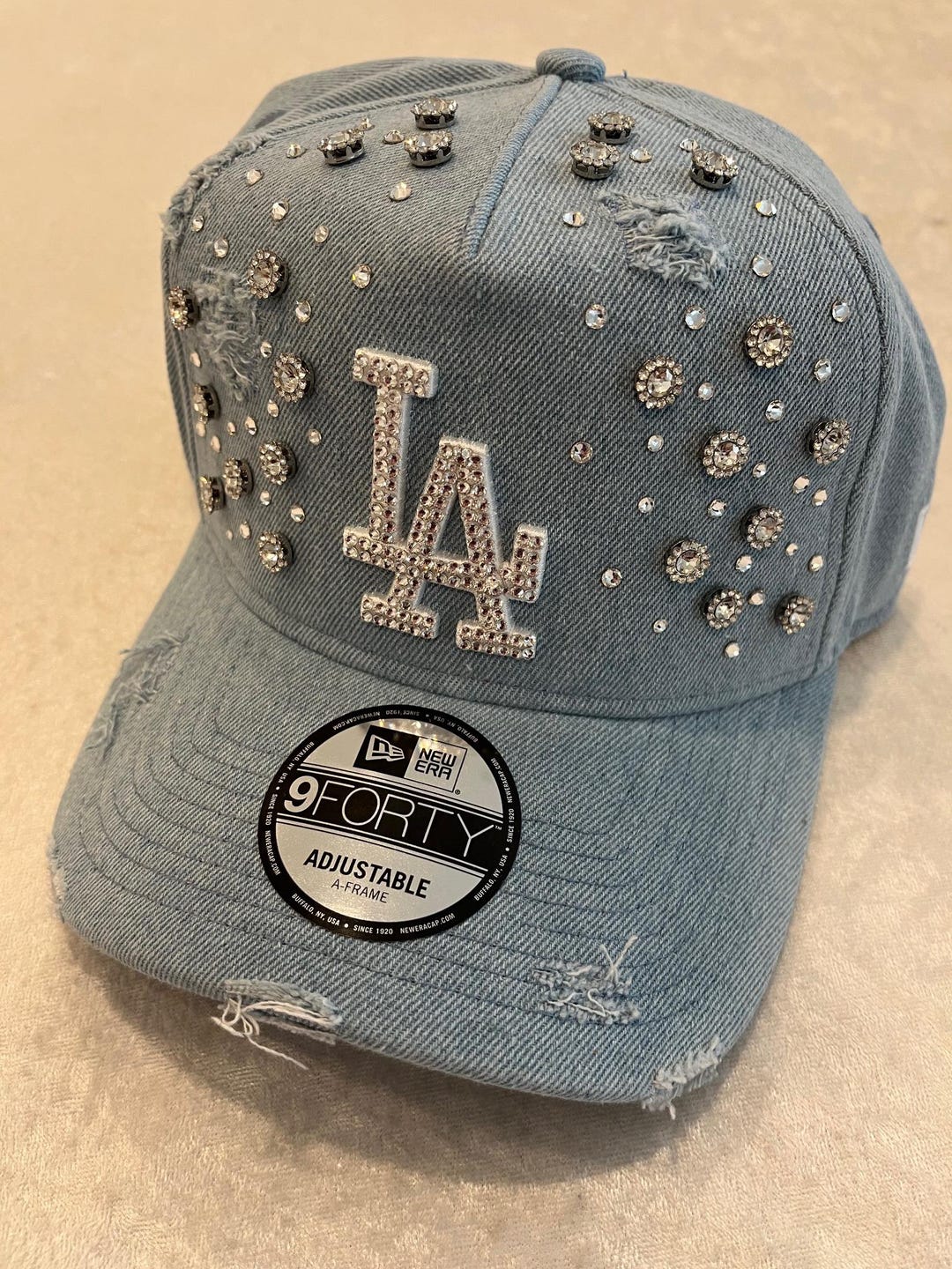 LOS ANGELES Dodgers Blue Jean Distressed Bling Hat: Hand-jeweled