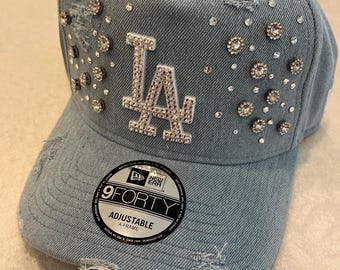 LOS ANGELES Dodgers Blue Jean Distressed Bling Hat: Hand-jeweled