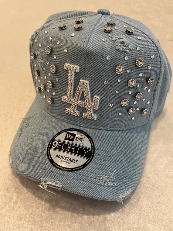 Light Denim Cap with Rhinestone Embellishments Beaded Light Blue Denim Baseball Cap Full Pearl & Rhinestone  main image 2
