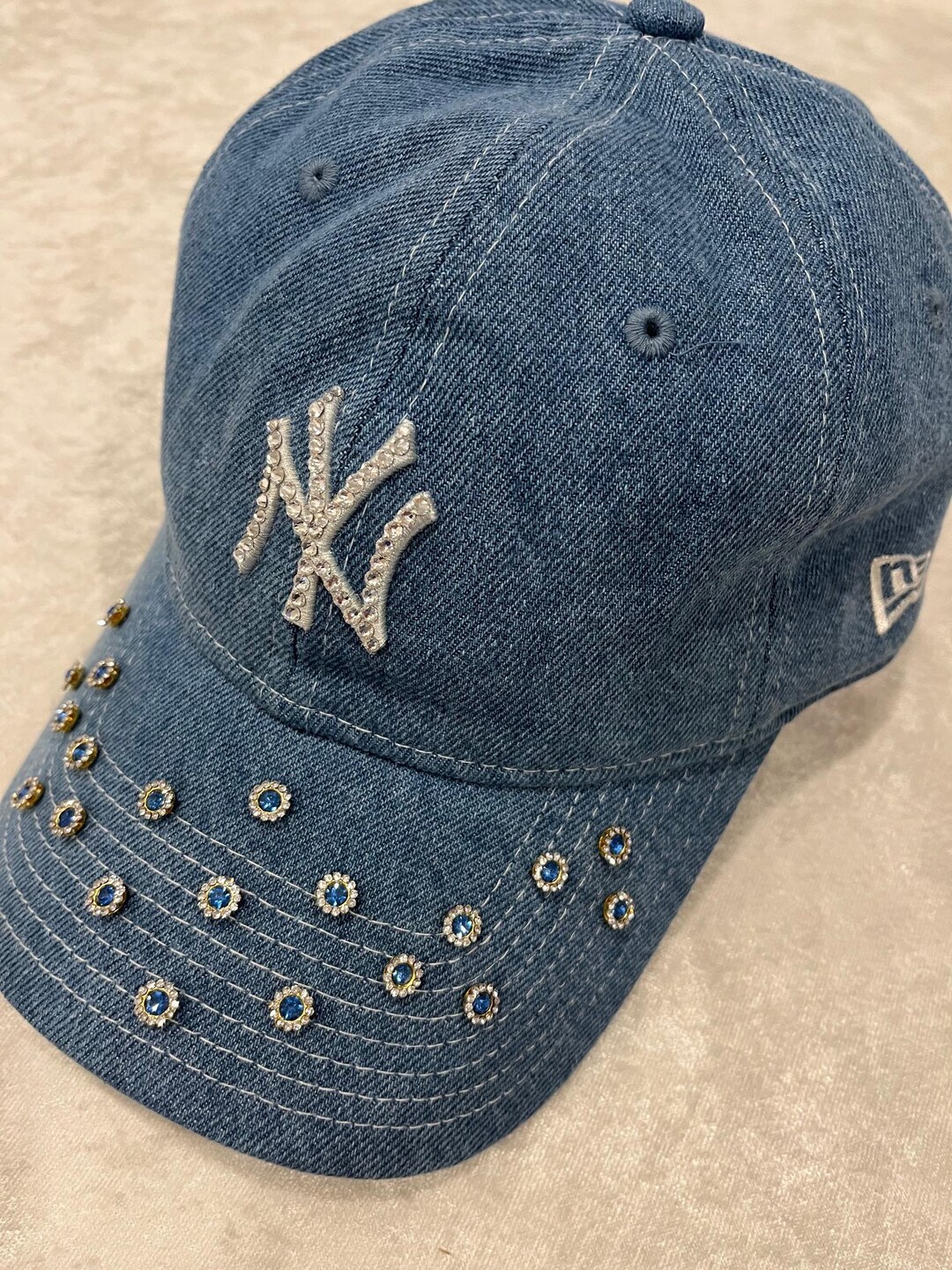 Embellished NY Baseball Cap in Light Denim Blue NY Yankees Blue Denim Cap - Shiny Rhinestones - 9twenty - Etsy main image 2