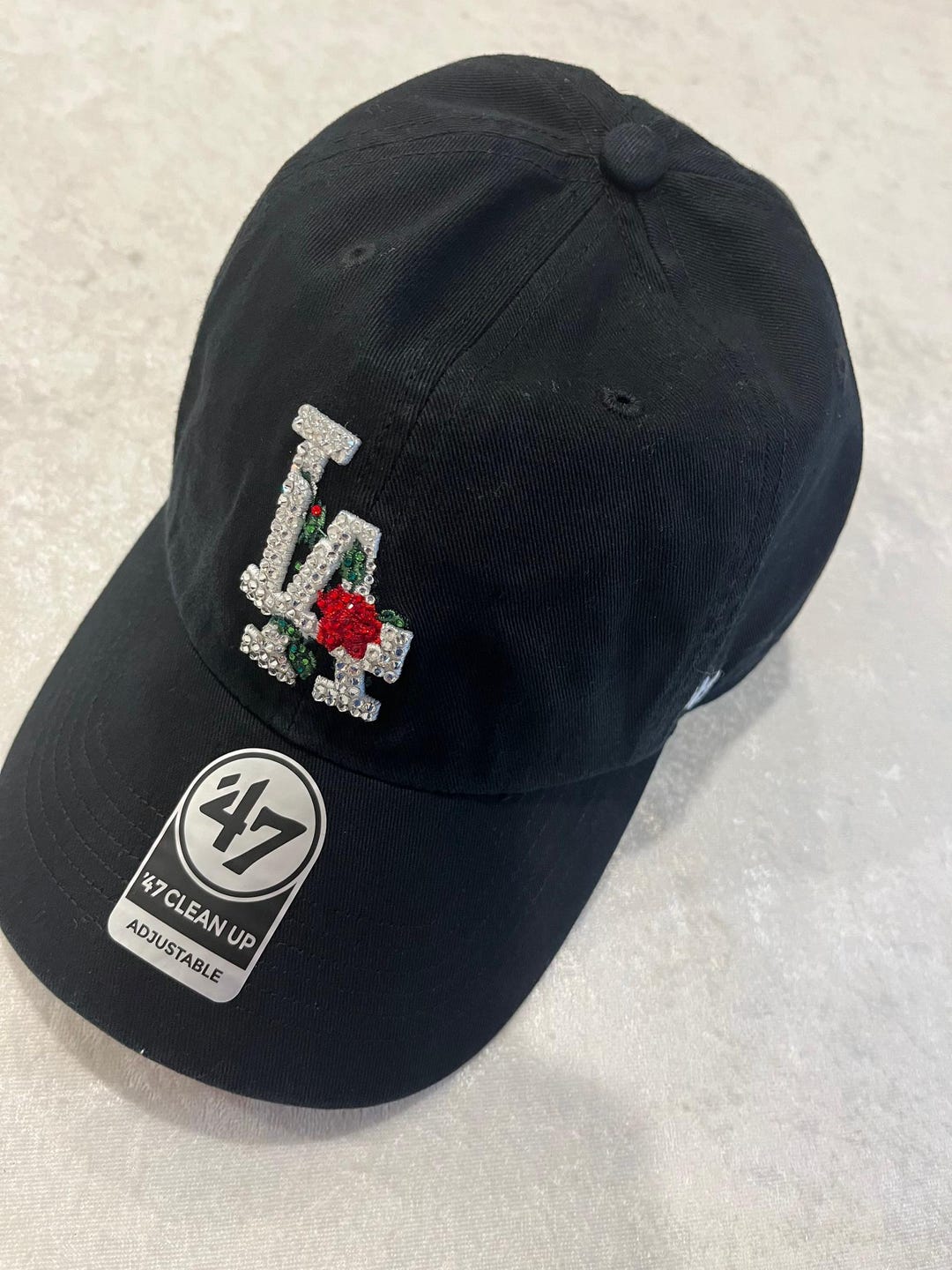 LA Dodgers Black Red Rose Thorn Hat Hand Jeweled Front and