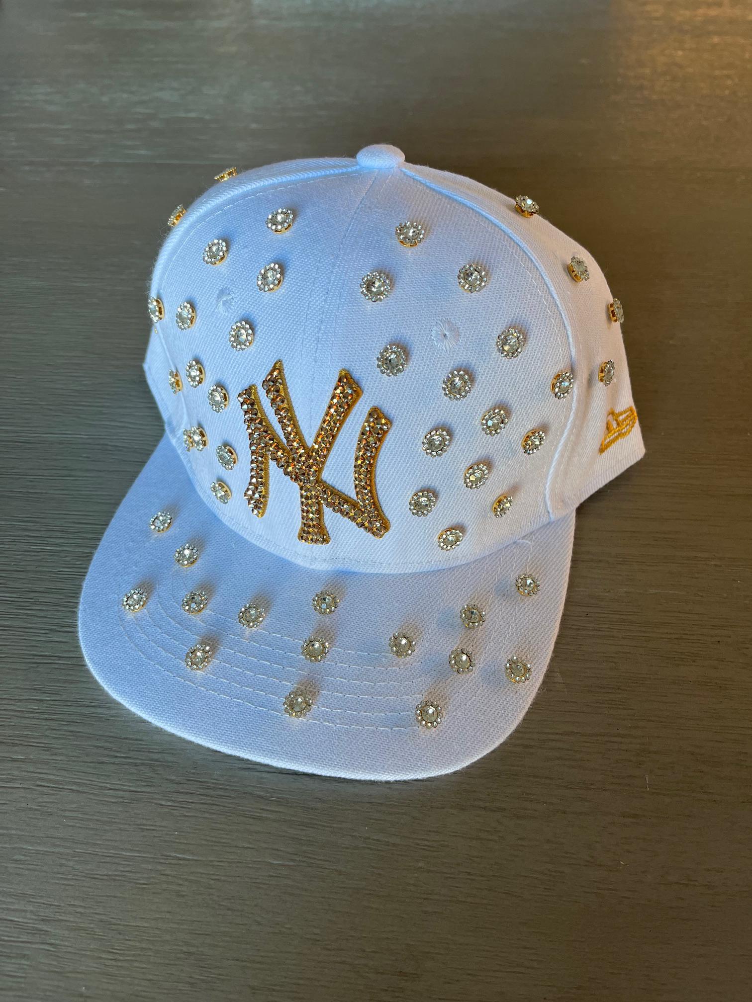 New York Bling White Hat: Hand-jeweled SWAROVSKI Crystal 