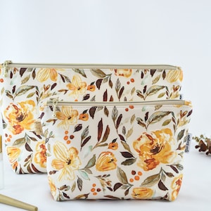 Cosmetic Bag, Carry All, Makeup Bag, Handmade, High Quality Bag, Water resistant Lining, Large and Medium Size, Mustard Florals,