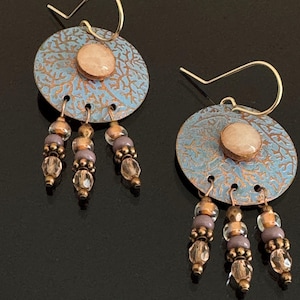 Rose quartz. and etched copper dangle earrings with 14kt gold filled earwires