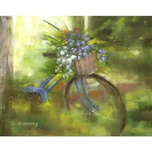 Stampa artistica da giardino con bicicletta d'epoca / Bouquet di fiori romantico in cestino di vimini / Decorazione da parete con paesaggio botanico / Sogno del ciclista