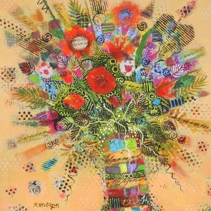 Festive &quot;Alegro&quot; Floral Abstract Print | Mexican Wall Art | Spanish-Style Decor | Funky Folk Decor | Colorful Red Flower Bouquet |