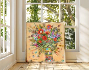 Floral Abstract Folk Art Print Bright Bold Spanish Mexican Style Colorful Red Orange Flower Bouquet Joyful Gift for Home