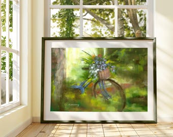 Vintage Bicycle Garden Art Print | Romantic Floral Bouquet | Botanical Landscape Wall Decor