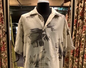 Cream and Leaf Patterned Hawaiian Shirt