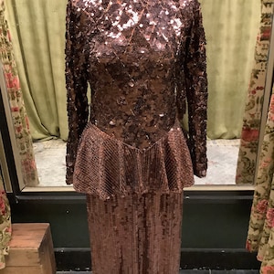 Vestido vintage Continental Couture marrom com lantejoulas