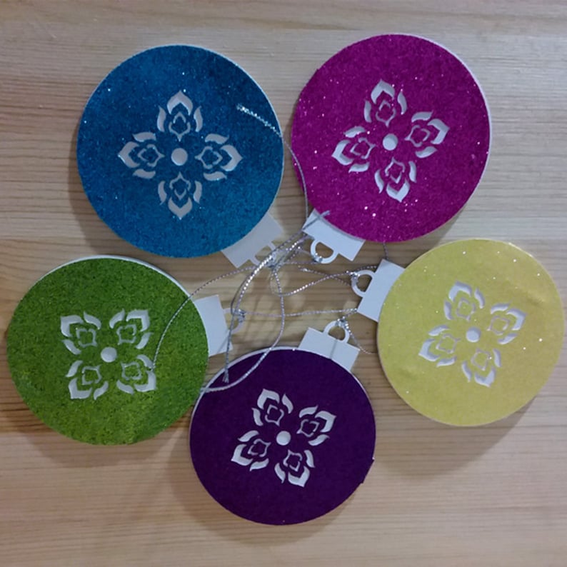 Set of 5 Sparkling Bright Glitter Die Cut Thai Pattern Holidays Ornament Tag