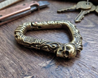 Gothic Skull Carabiner, Brass Skull Keychain, Heavy Duty EDC Pocket Clip, Goth Cross Key Ring, Heavy Duty Father Gift Hook
