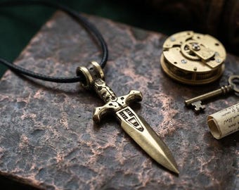 Brass Dagger Pendant, Miniature Sword Necklace, Handcrafted Sci-Fi Knife Lanyard Bead, Cyberpunk Dagger Keychain, Men's Weapon Jewelry