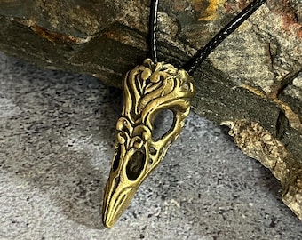 Viking Raven Skull Pendant • Antique Brass Crow Skull Necklace with Norse Pattern • Odin's Raven Talisman • Adjustable Waxed Cord • Unisex