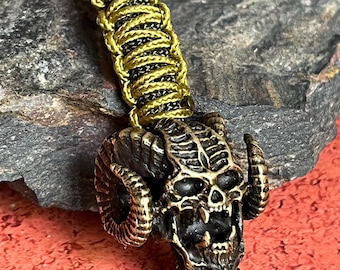 Original Demon Skull Brass Bead • Detailed Hand-Carved EDC Lanyard Charm • Antique Finish Paracord Bead • Unique Jewelry Design • 27x23mm