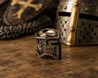 Knight Helmet Bead with Owl | Bronze Lanyard Bead | EDC Gift for Him | Viking Knife Bead | Medieval Gift for Dad, Husband, Brother