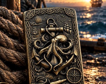 Kraken & Anchor Brass Lighter Emblem, Nautical Zippo Lighter Plaque, Handmade Octopus Compass Metal Plate, Pirate Gift for Him EDC