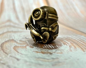 Minion with Banana Bead, Bronze Lanyard Bead for Knives, Funny Steampunk Minion Keychain Charm, Handcrafted EDC Paracord Accessory