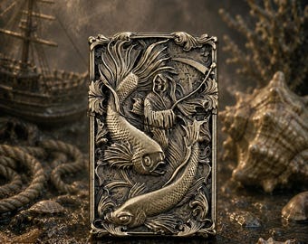 Brass Zippo Overlay – Grim Reaper & Koi Fish | Gothic Lighter Emblem | Handmade Solid Brass Plaque | Zippo Insert Decoration