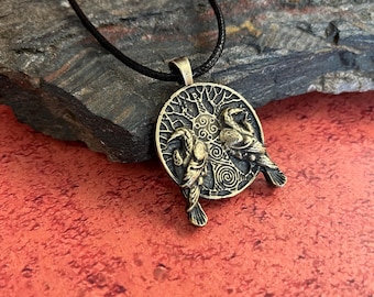 Viking Two Ravens on Tree Necklace • Antique Brass Norse Pendant • Double-Sided Huginn and Muninn Talisman • Adjustable Scandinavian Jewelry