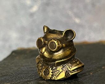 Steampunk Cat Brass Bead • Mechanical Kitten Lanyard Charm • Antique Finish Paracord Bead for EDC • 18x22mm Brass Cat Bust