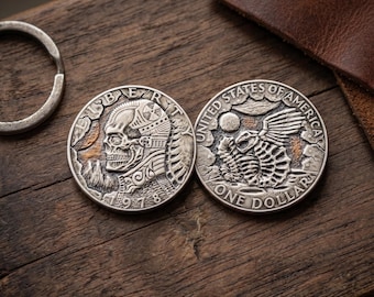 Hand-Carved Hobo Nickel Silver Dollar, Detailed Skull Art Coin, Unique Collectible Curiosity, Engraved Artisan Miniature Sculpture