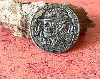 Unique Hobo Nickel Carving on Genuine US One Dollar Coin: A One-of-a-Kind Piece of Art and Currency History&quot;