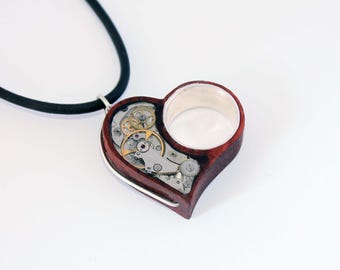 Unique Steampunk Ring Pendant • One-of-a-Kind Mahogany Wood & Sterling Silver Jewelry • Dual-Sided Watch Movement Necklace • Size 7.5 US