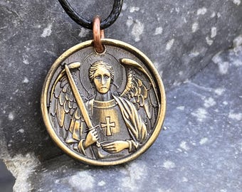 Archangel Michael brass pendant   Pendant Charm Necklace - Oxidized Hand Polished Finish