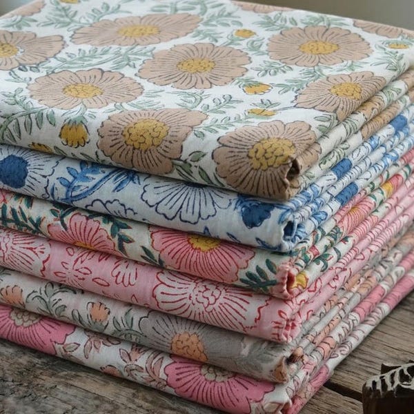 Hand Block Print Cotton Fabric by the Yard, Jaipur Sanganeri Floral Indian Textile, Block Print Sewing Fabric, Quilting Craft Material