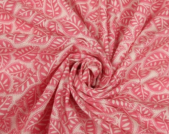 Tela de algodón con estampado de hojas rosas cortada a medida: Tela india estampada a mano con bloques.