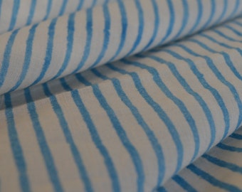 Blue Stripe Cotton Fabric: Hand Block Printed India Cloth By The Yard