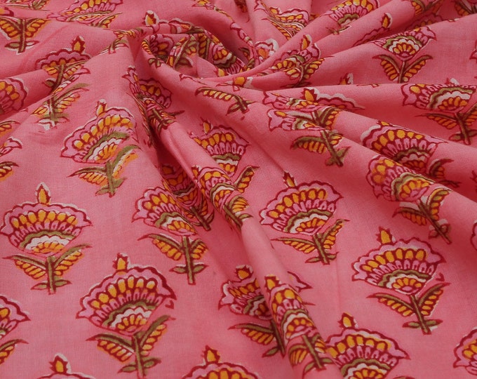 Pink Mughal Cotton Fabric by Yard, Block Print Fabric, India Fabric