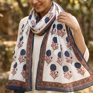 White Indigo Red Booti Hand Block Print Cotton Scarf Classic Indian Motif Pattern Lightweight Summer Wrap