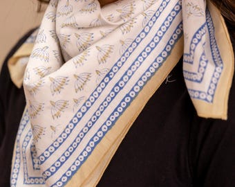 Hand Block Print Cotton Linen Bandana: Boho Neckerchief (60cm)