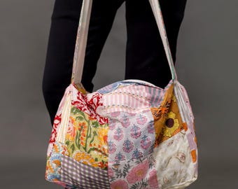 ハンドメイドキルティングパッチワークトートバッグ | 大きめコットン