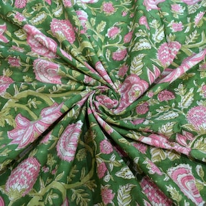 Floral Print beautiful Green Fabric, Block Print Fabric, India Fabric, Printed Cotton Fabric, Fabric by yard, Hand Block Print, Fabric India