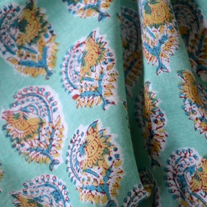 Cyan Blue Cotton Print Fabric, Block Print fabrics, India Fabric, Fabric by the yard, sewing fabric, women fashion fabric, hand Printed