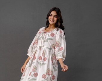Summer Wear One piece Boho dress, Hand Block Print Dress with Puff Sleeves, Drawstring Detailing Short Sleeve, Cotton Mini Dress Beachwear