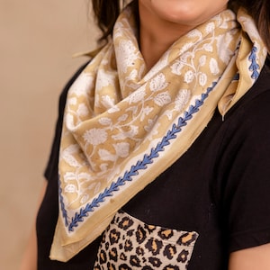 Hand Block Print Cotton Linen Scarf: Boho Floral Bandana (60cm)