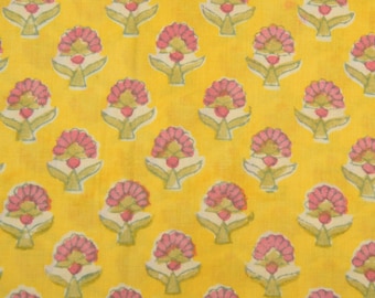 Beautiful Yellow & Pink fabric, Block Print Cotton Fabric, India Fabric- fabric sold by the yard, dress fabric, Block print