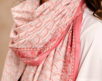 Miękki różowy woalowy szal, elegancki sarong/dupatta na plażę, bawełniany szal z nadrukiem blokowym, 100% bawełniany woal, miękki materiał w stylu boho